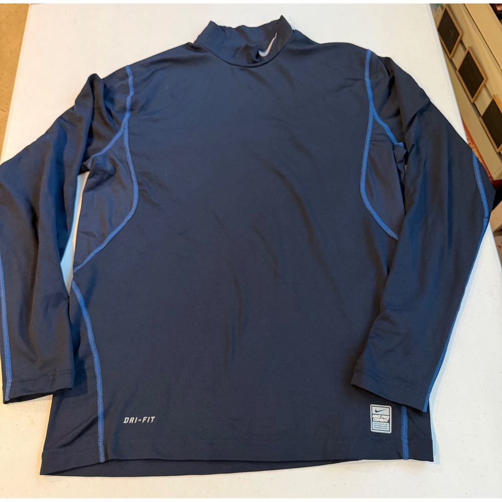 Nike Pro Combat Dri-FIT Fitted Mock Neck Long Sleeve Shirt Navy Blue Sz large